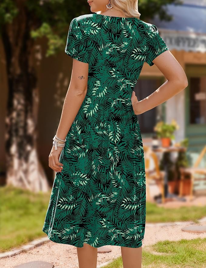 HOTOUCH Women's Summer A-Line Midi Dresses 2026 Casual Floral Short Sleeve T-Shirt Dress Flowy Beach Sundress with Pockets