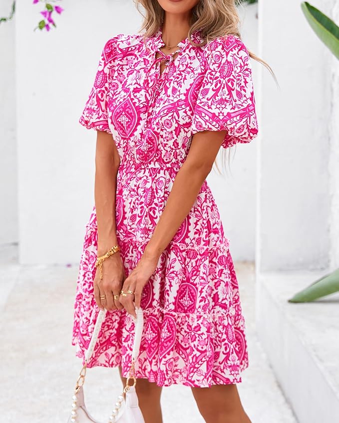 BTFBM Women Summer Floral Short Dresses V Neck Short Sleeve Tiered Ruffle Boho Swing Dress A-Line Mini Dresses