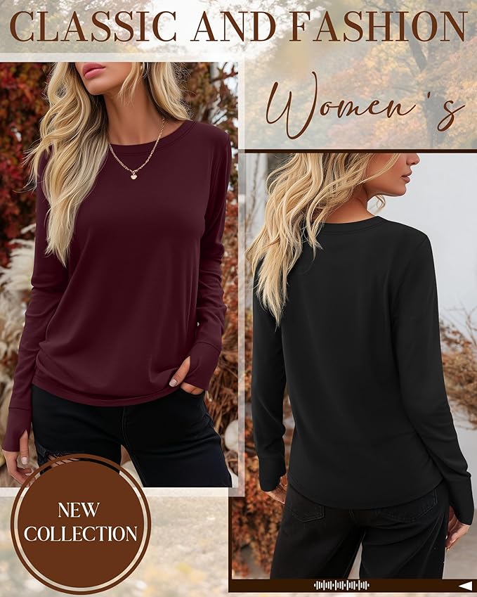 Huukeay 3 Pack Women's Long Sleeve Shirts with Thumb Holes, Cotton Casual Crew Neck Tunic Tops Fall Loose Y2k Trendy Outfits