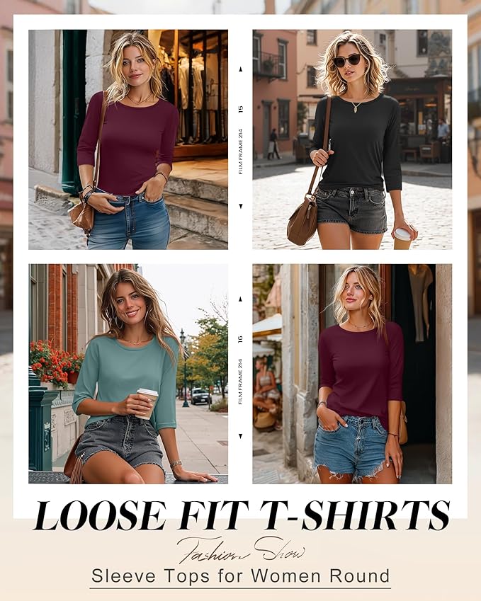 Ficerd 3 Pack 3/4 Sleeve Tops for Women Round Neck Dressy Basics Tees Casual Trendy Loose Fit T Shirts