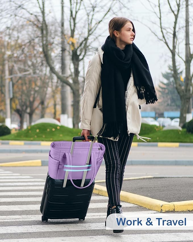 TOPDesign Puffy Tote Bag for Women with Cup Holder & Laptop Compartment & Cosmetic Bag & Trolley Sleeve for Work, Travel