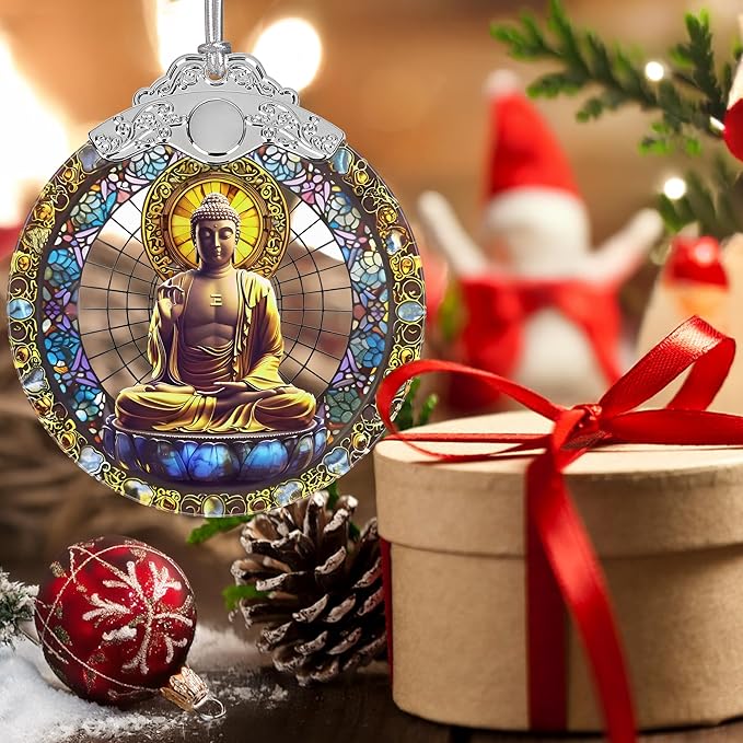 Tathagata Buddha Christmas Ornaments, 3" Stained Glass Christmas Decor, Christmas Tree Ornaments, Gifts for Women Men, Unique Gift Idea, Perfect for Holiday Party, Tree, Window, Home Decor
