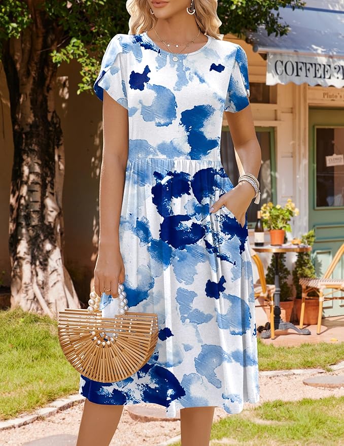 HOTOUCH Women's Summer A-Line Midi Dresses 2026 Casual Floral Short Sleeve T-Shirt Dress Flowy Beach Sundress with Pockets