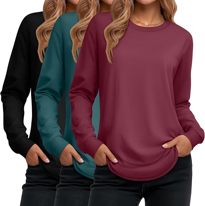 Ficerd 3 Pack Women's Long Sleeve Shirts, Cotton Crew Neck Tunic Tops Casual Loose Fit Pullover Sweatshirts Curved Hem Shirts
