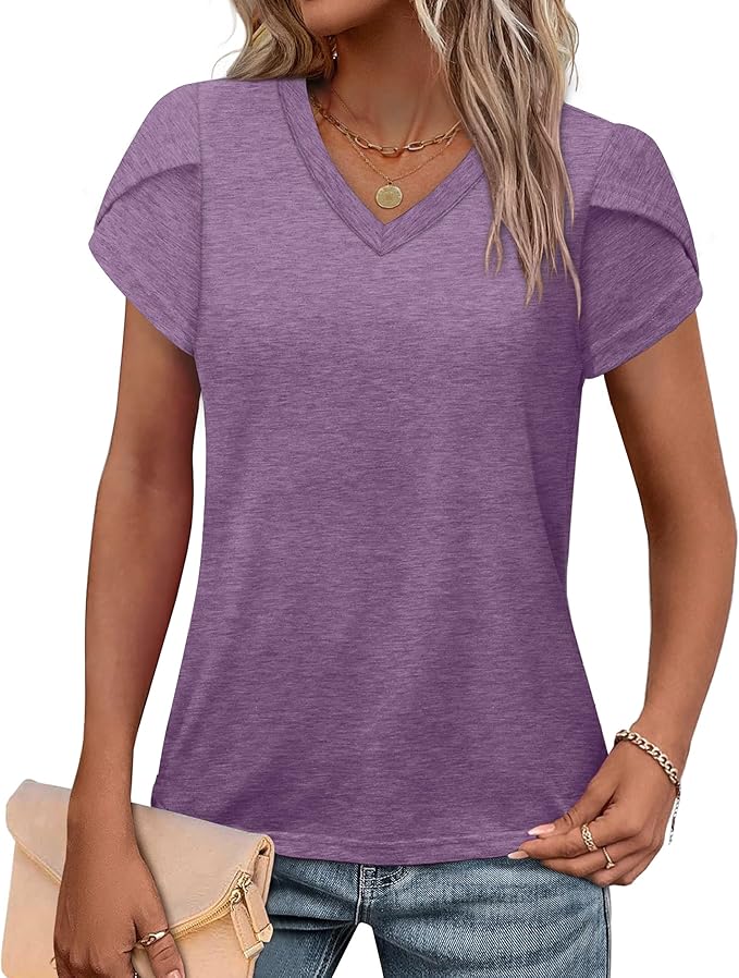 WIHOLL Womens Tops V Neck Summer Petal Sleeve Casual Tshirts