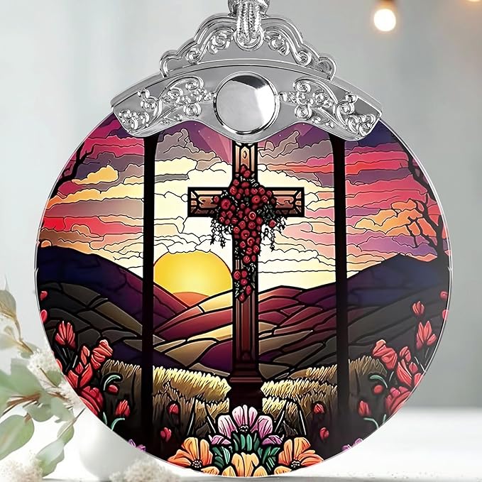 Jocidea Cross Christmas Ornament - Stained Glass Holiday Decoration for Tree, Xmas Gift Idea