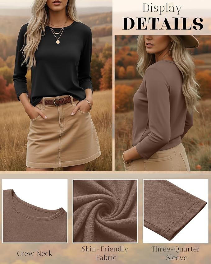 Ficerd 3 Pack 3/4 Sleeve Tops for Women Round Neck Dressy Basics Tees Casual Trendy Loose Fit T Shirts
