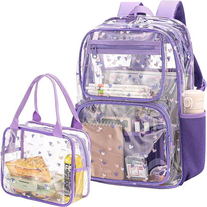 Heavy Duty Clear Backpack Lunch Bag Box Set for 8-Year-Olds - Practical and Stylish School Essentials(clear backpack & clear tote lunch bag-purple)