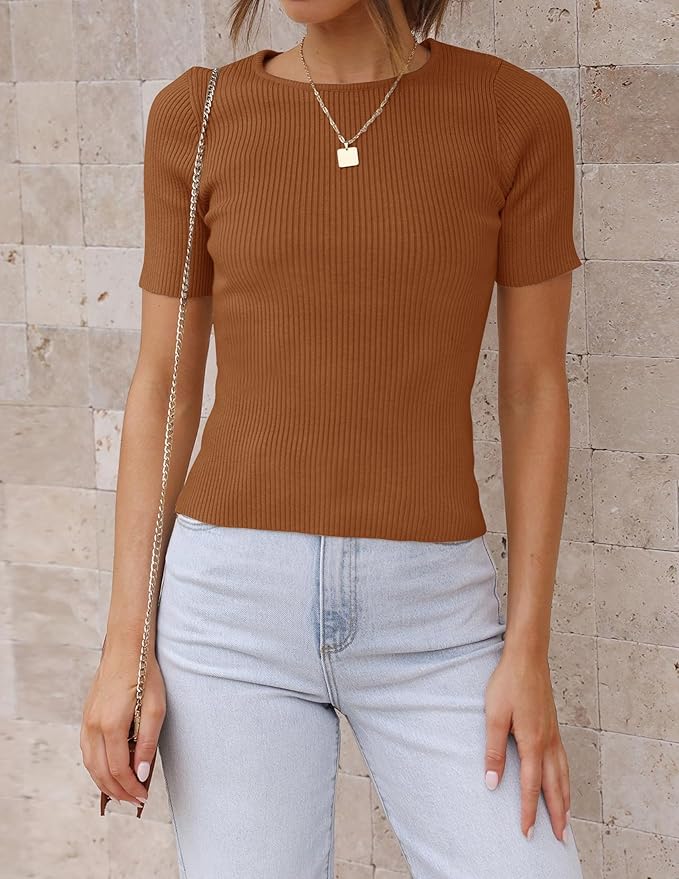 ZESICA Women's Short Sleeve Sweater Tops 2026 Summer Crewneck T Shirt Ribbed Knit Slim Fit Basic Solid Color Tee