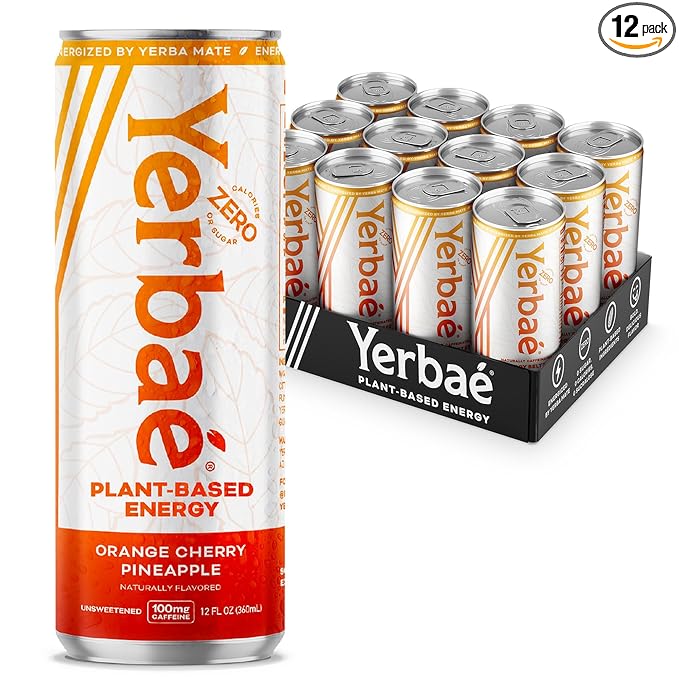 Yerbaé Energy Seltzer - Orange Cherry Pineapple No Sugar/Calories/Carbs. Energized by Yerba Mate, Naturally Caffeinated Plant-Based, Healthy Alternative to Coffee/Sugary Sodas, Pack of 12, 12oz cans