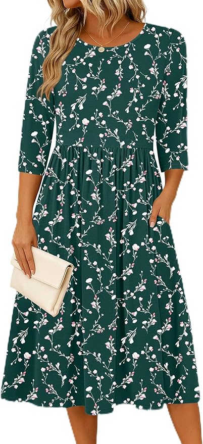 Zeagoo 3/4 Sleeve Women's Dress Casual Flowy A-Line Midi Tshirt Dresses with Pockets Crewneck Vocation Boho Beach Sundress