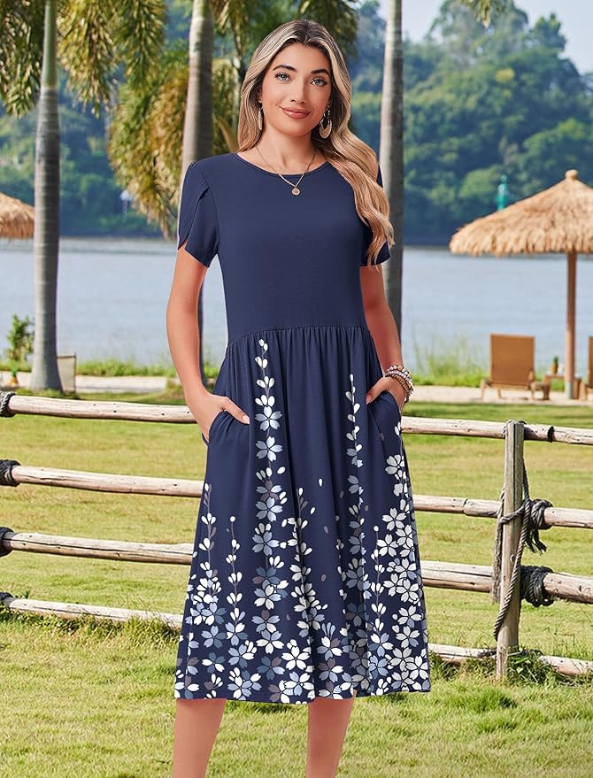 HOTOUCH Women's Summer A-Line Midi Dresses 2026 Casual Floral Short Sleeve T-Shirt Dress Flowy Beach Sundress with Pockets