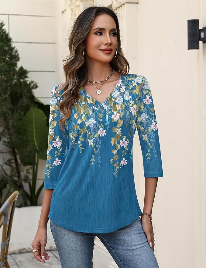 Zeagoo 3/4 Length Sleeve Womens Tops V Neck Shirt Dressy Casual Blouse Basic Tshirts 2026 Fashion Clothing S-2XL