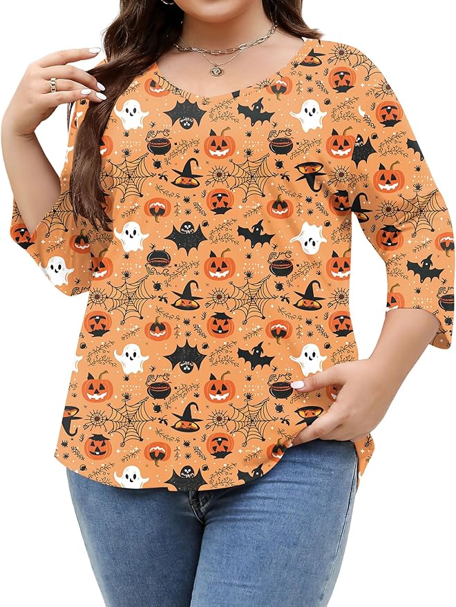TFSDOD Womens Plus Size Tops V Neck T Shirts 3/4 Sleeve Blouse Summer Casual Tees XL-5X