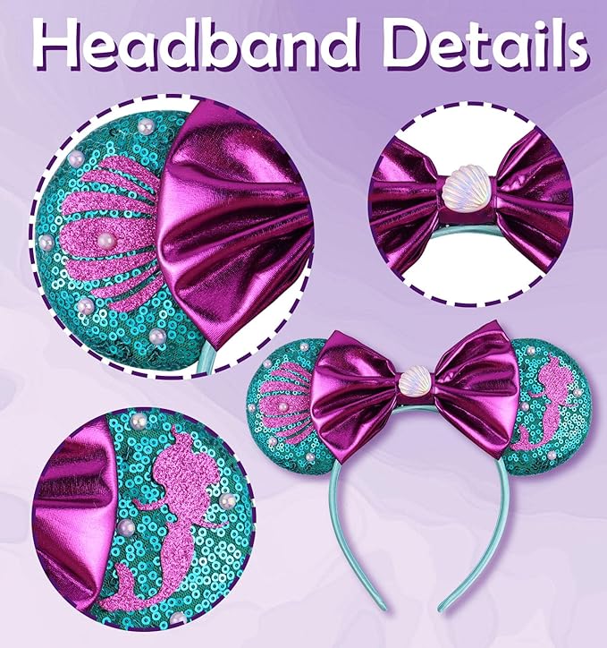 LIHELEI Mouse Ears Headband, Purple Mermaid Headbands for Women CosPlay Birthday, Mermaid Party Costume Headwear Hair Accessories - Mermaid Headband