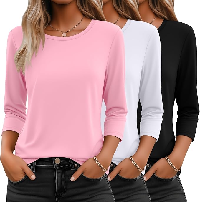 Ficerd 3 Pack 3/4 Sleeve Tops for Women Round Neck Dressy Basics Tees Casual Trendy Loose Fit T Shirts