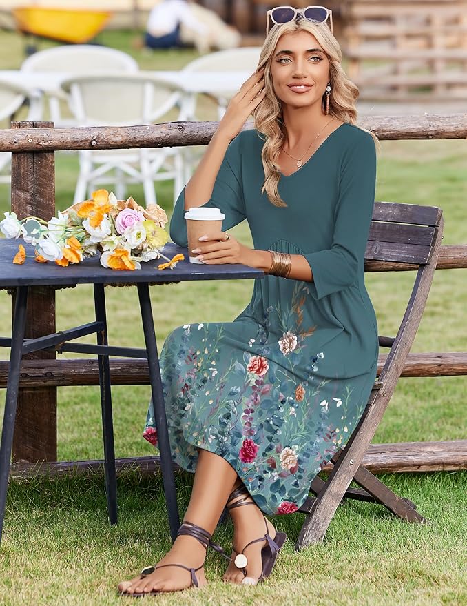 ZEAGOO 3/4 Sleeve Women's Dress Casual Flowy A-Line Midi Tshirt Dresses with Pocket Empire Waist Summer Boho Beach Sundress