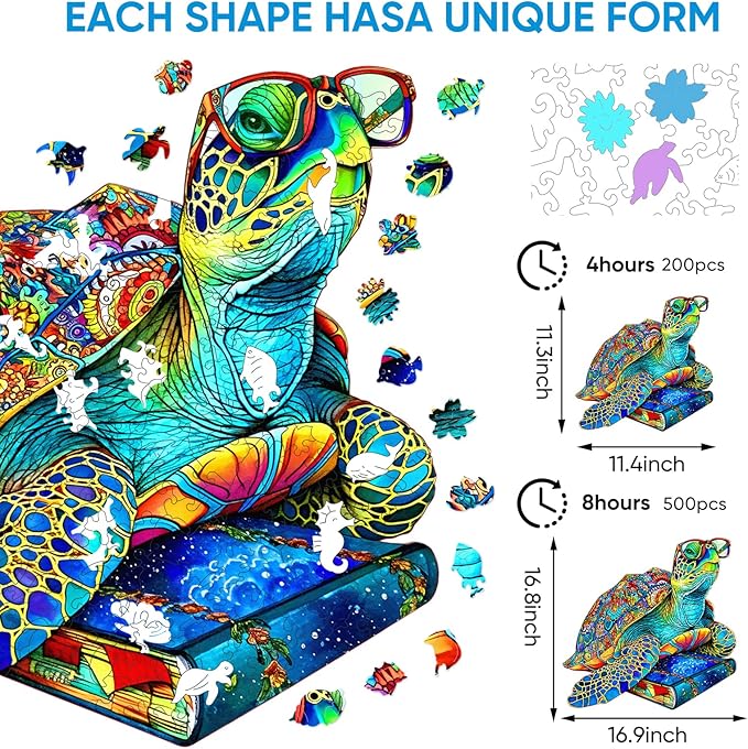 Reouinty Wooden Puzzles for Adults 500 Pieces, Glasses Sea Turtle Deep Blue Jigsaw Puzzles, Unique Shape Animal Adult Puzzles, Irregular Wood Puzzles Best Gift for Adults Family Game(16.9 * 16.8 in)