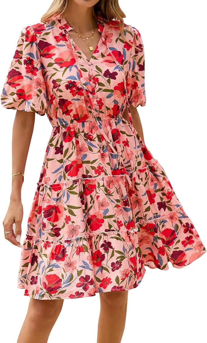 BTFBM Women Summer Floral Short Dresses V Neck Short Sleeve Tiered Ruffle Boho Swing Dress A-Line Mini Dresses