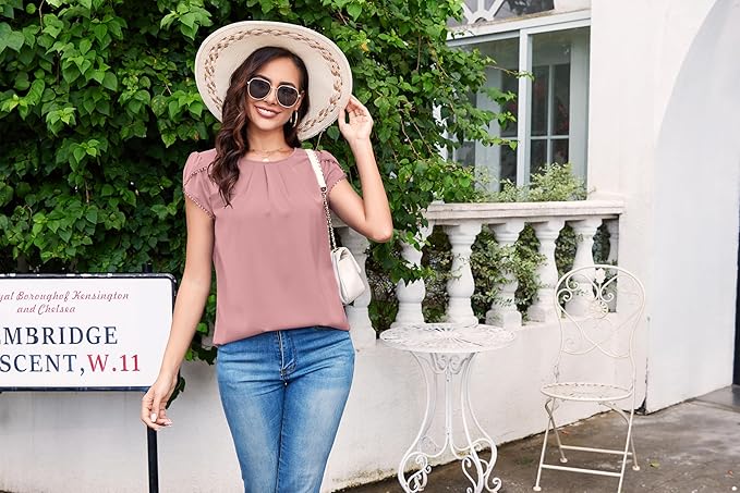 TASAMO Women's Casual Round Neck Basic Pleated Top Cap Sleeve Curved Keyhole Back Chiffon Blouse
