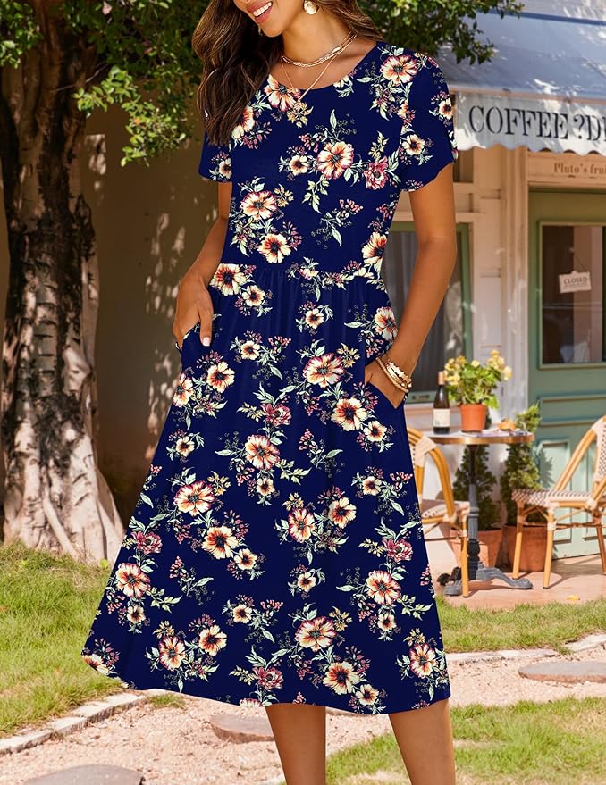 HOTOUCH Women's Summer A-Line Midi Dresses 2026 Casual Floral Short Sleeve T-Shirt Dress Flowy Beach Sundress with Pockets