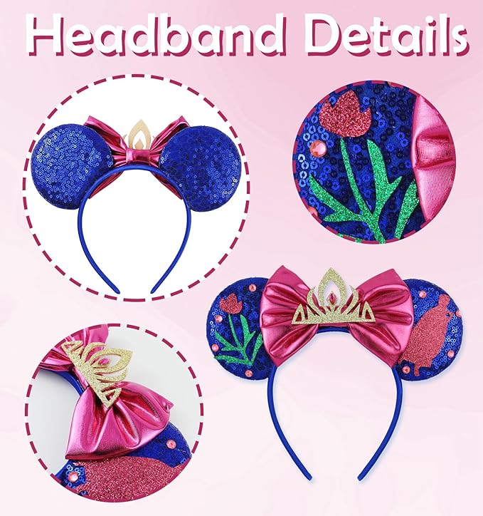 LIHELEI Mouse Ears Headband, Princess Headbands for Women Birthday Party, Blue Sequin Bows Headwear Hair Accessories - Blue Headband