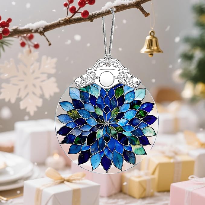 Blue and Green Leaves Mandala Stained Glass Ornament – Christmas Ornament, Christmas Tree Ornament & Perfect Holiday Decor, Housewarming Gifts, Gifts for Women, Friends or Family