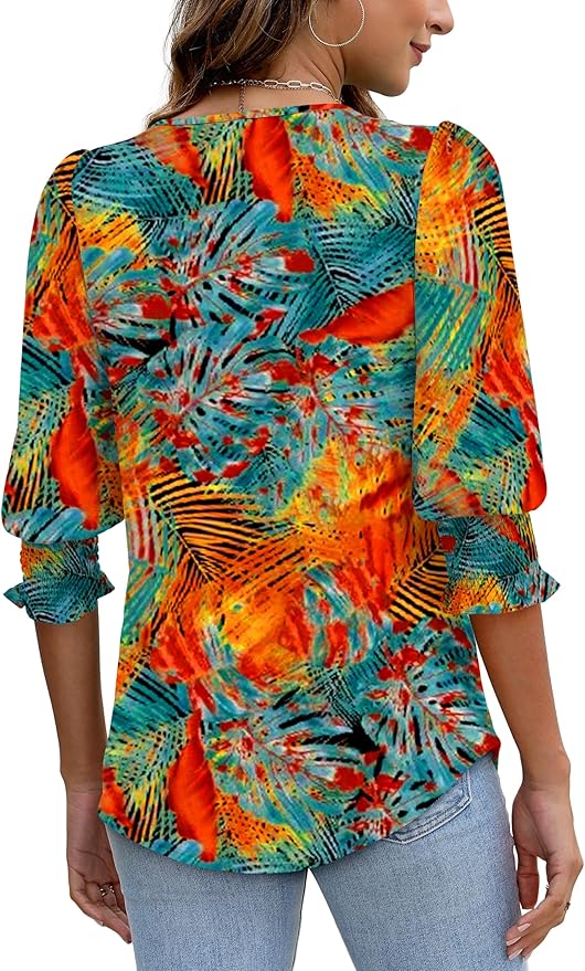 XIEERDUO Blouses for Women Dressy Casual 3/4 Length Sleeve Womens Tops with Smocked Cuffs