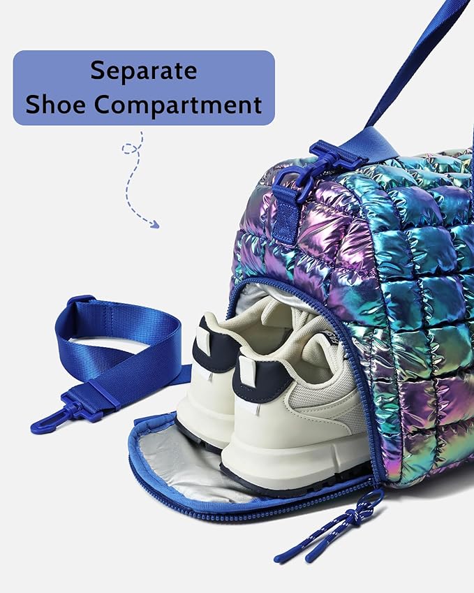 Quilted Duffel Bag for Women, Puffer Gym Duffle Bag with Shoe Compartment Lightweight Large Crossbody Sport Travel Bag Tote Nebula