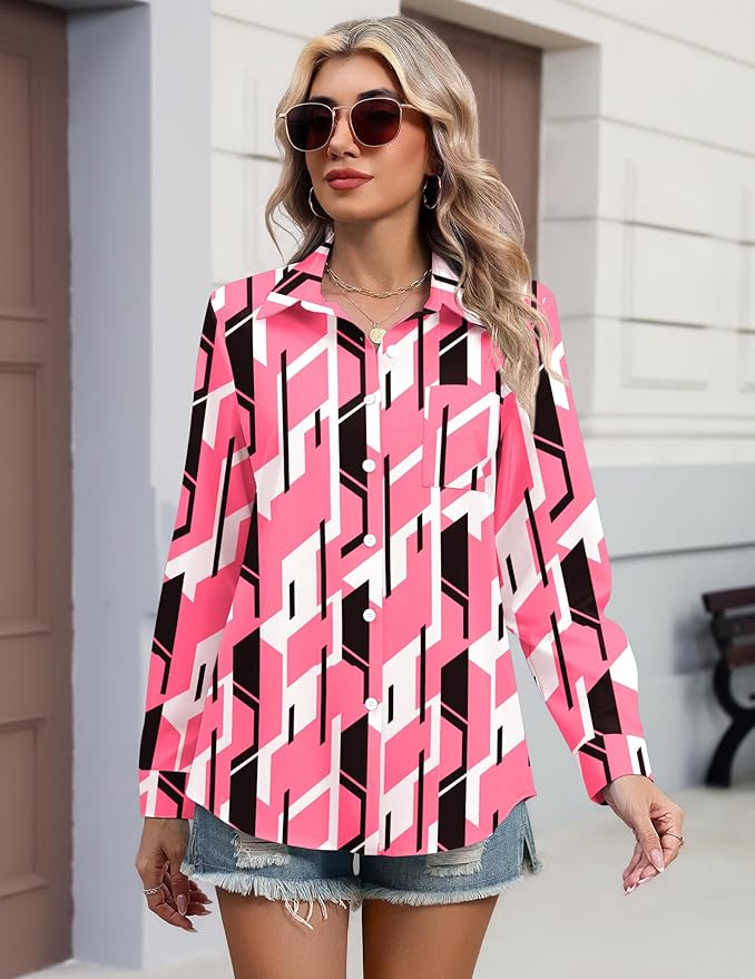 HOTOUCH Button Down Shirts for Women Long Sleeve Blouse Dressy Casual Business Work Tops with Pocket