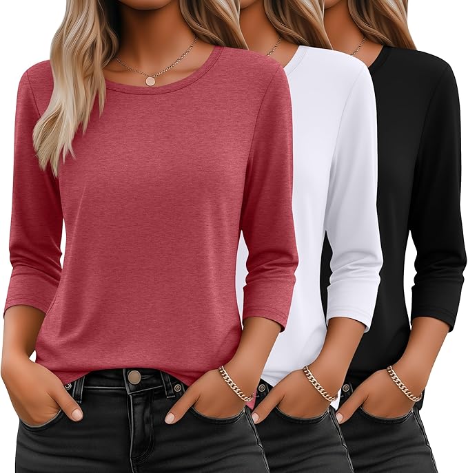 Ficerd 3 Pack 3/4 Sleeve Tops for Women Round Neck Dressy Basics Tees Casual Trendy Loose Fit T Shirts
