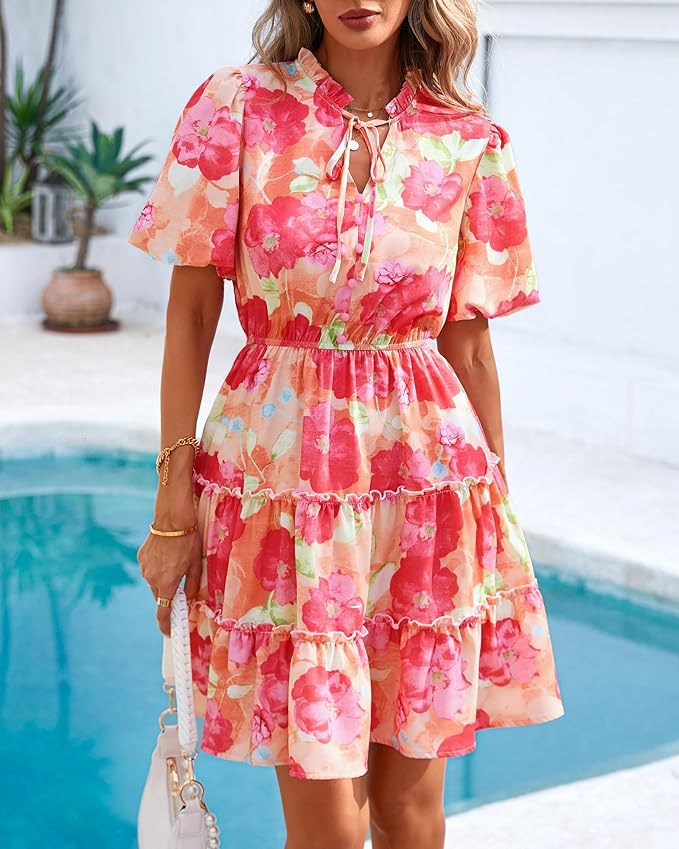 BTFBM Women Summer Floral Short Dresses V Neck Short Sleeve Tiered Ruffle Boho Swing Dress A-Line Mini Dresses