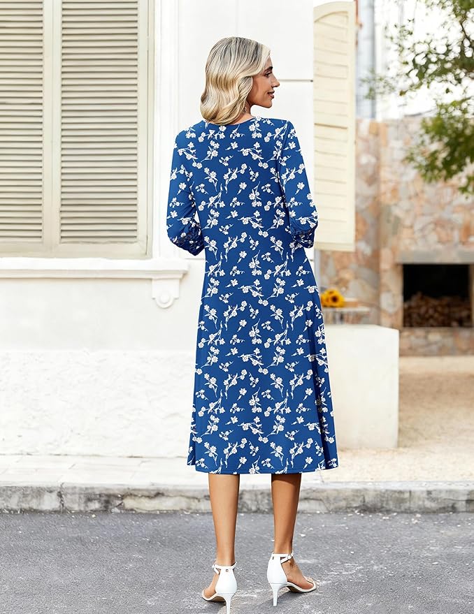 Zeagoo Women's Dresses 3/4 Sleeve Summer Casual V-Neck A Line Flowy Eyelet Midi Dress for Women Beach Vacation Sundress