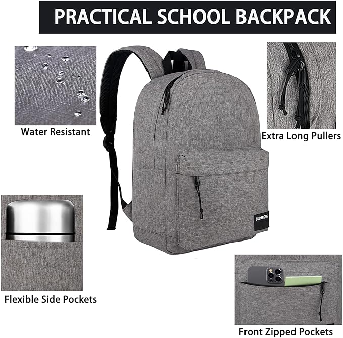 SUPACOOL Casual Laptop Backpack for Men and Women, Backpack for College, USB Charging Port, Lightweight Pack Back(Light grey)