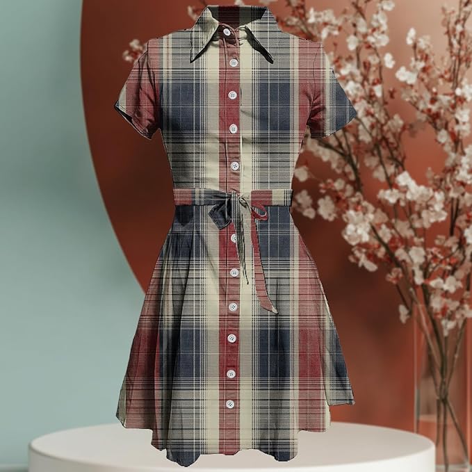 MARSVOVO Vintage Retro Shirt Dress for Women Short Sleeve Button Down Tie Waist Elegant Smocked Knee Length Dress