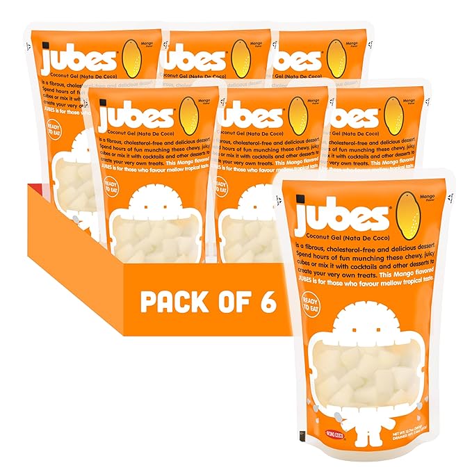 Jubes Mango Nata De Coco Jelly Cubes (12.7 oz, Pack of 6) - Mango Coconut Jelly Cubes for Sago - Coconut Gel in Syrup Toppings for Fruit Tea, Boba, Bubble Tea, Drinks, Desserts Yogurt, Ice Cream, Beverage