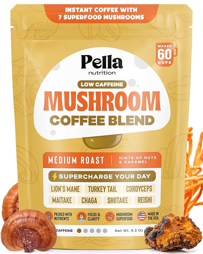 Low-Caffeine Mushroom Coffee (60 Servings) – Superfood Great Tasting Instant Coffee – Includes Lion's Mane, Reishi, Chaga, Cordyceps, Shiitake, Maitake, and Turkey Tail Mushroom Supplement