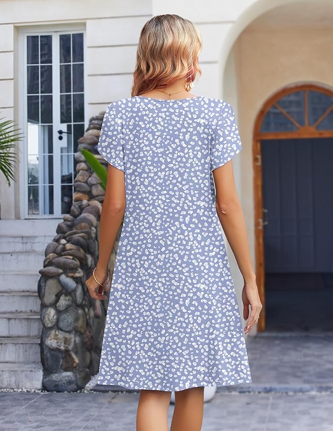 Zeagoo Women's Casual Dresses with Pockets Summer Floral V-Neck A-Line Tshirt Dress Short Sleeve Mini Dress Beach Sundress