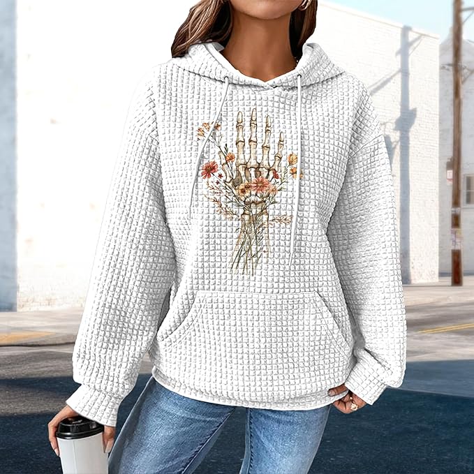 domirica Pullover Sweatshirts For Women Drawstring Long Sleeve Waffle Sweatshirt With Pocket Vintage Street Wear Qutfits