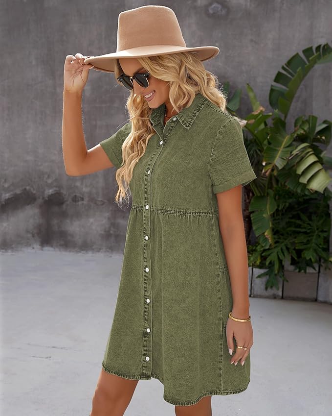 LookbookStore Women's Short Sleeve Button Down Flowy Tiered Babydoll Denim Dress