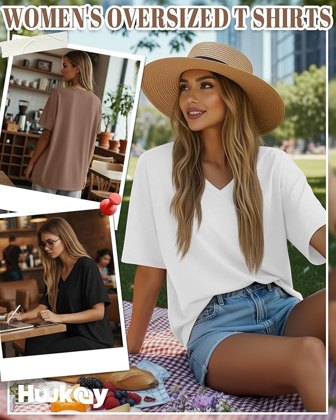 Huukeay Women's Cotton Oversized T Shirts 3 Pack V Neck Loose Fit Half Sleeve Tops Baggy Casual Summer Gym Workout Tees 2026