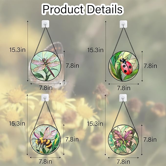 Stained Glass Window Hanging 4 Pcs Set Pink Green Insect Theme 7.8" - Butterfly Suncatcher Door Garden Sun Catcher Decor Birthday Christmas for Mom Woman Nana Men