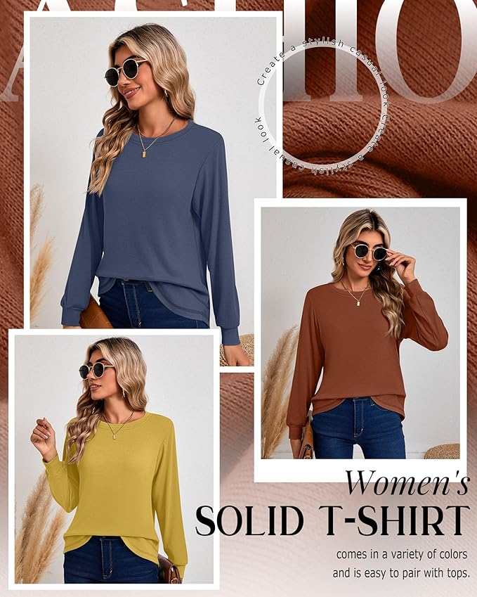 Ficerd 3 Pack Women's Long Sleeve Shirts, Cotton Crew Neck Tunic Tops Casual Loose Fit Pullover Sweatshirts Curved Hem Shirts