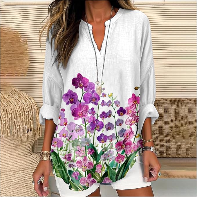 MARSVOVO V Neck Shirt For Women Boho Multi Style Blouse Long Sleeve Novelty Graphic Plus Size Pullover Tops For Women
