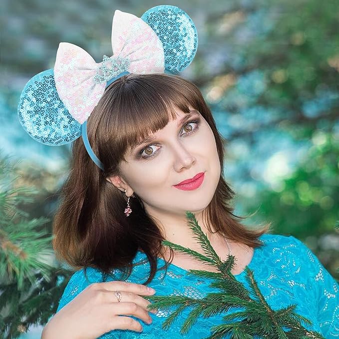 zhezesmila Sequins Mouse Ears 2 Pcs Headbands Princess Crown Pink & Blue Sequin Bow Headband Hair Accessories for Princess Costume Birthday Party