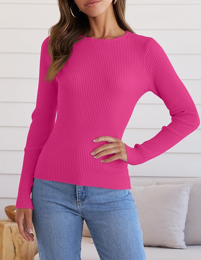 ZESICA Women's Long Sleeve Crewneck Shirts 2026 Fall Ribbed Knit Sweater Slim Fitted Casual Basic Tee Tops