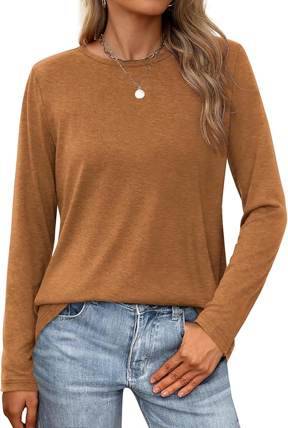 XIEERDUO Long Sleeve Shirts for Women Casual Crew Neck Basic Fall Tops Loose Fit Comfy