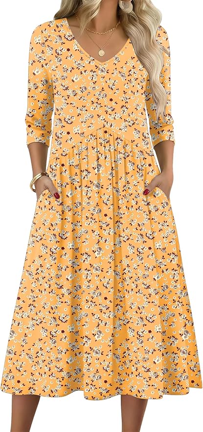 ZEAGOO 3/4 Sleeve Women's Dress Casual Flowy A-Line Midi Tshirt Dresses with Pocket Empire Waist Summer Boho Beach Sundress