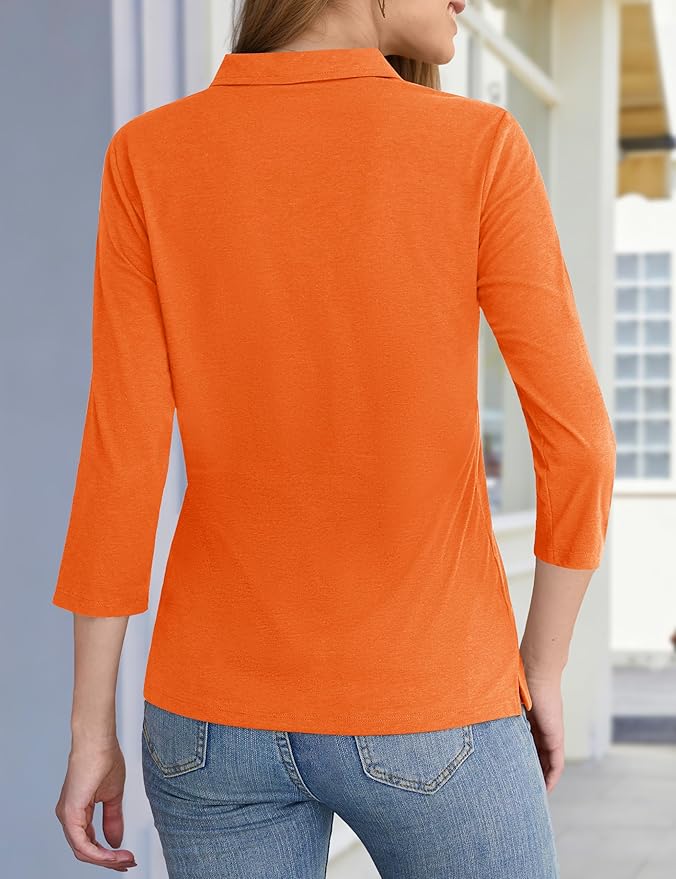 YUCOLEN Polo Shirts for Women 3/4 Sleeve Tops Golf Tees 5-Button Collared Cotton Shirt Business Casual