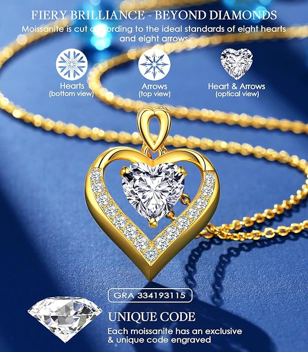 Beam & Bask 2-3 Ct Moissanite Double Heart Pendant Necklaces for Wife, 18K Gold Plated S925 Silver Jewelry for Women Girlfriend Mom Her on Anniversary Birthday